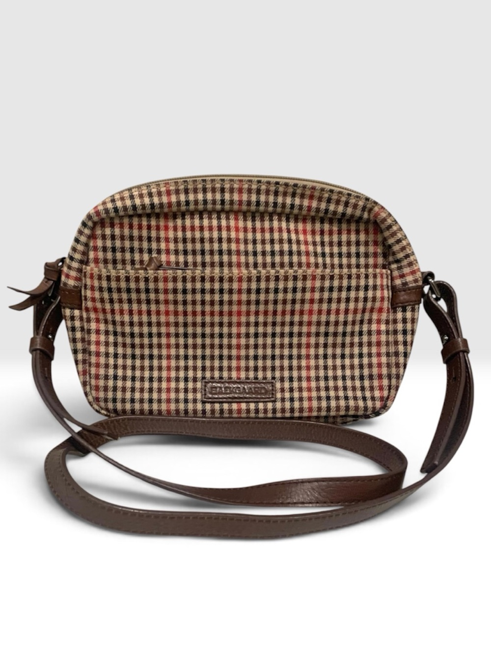 Baekgaard Colby Plaid Crossbody Tan Red Brown Adjustable Leather Strap Bag Purse
